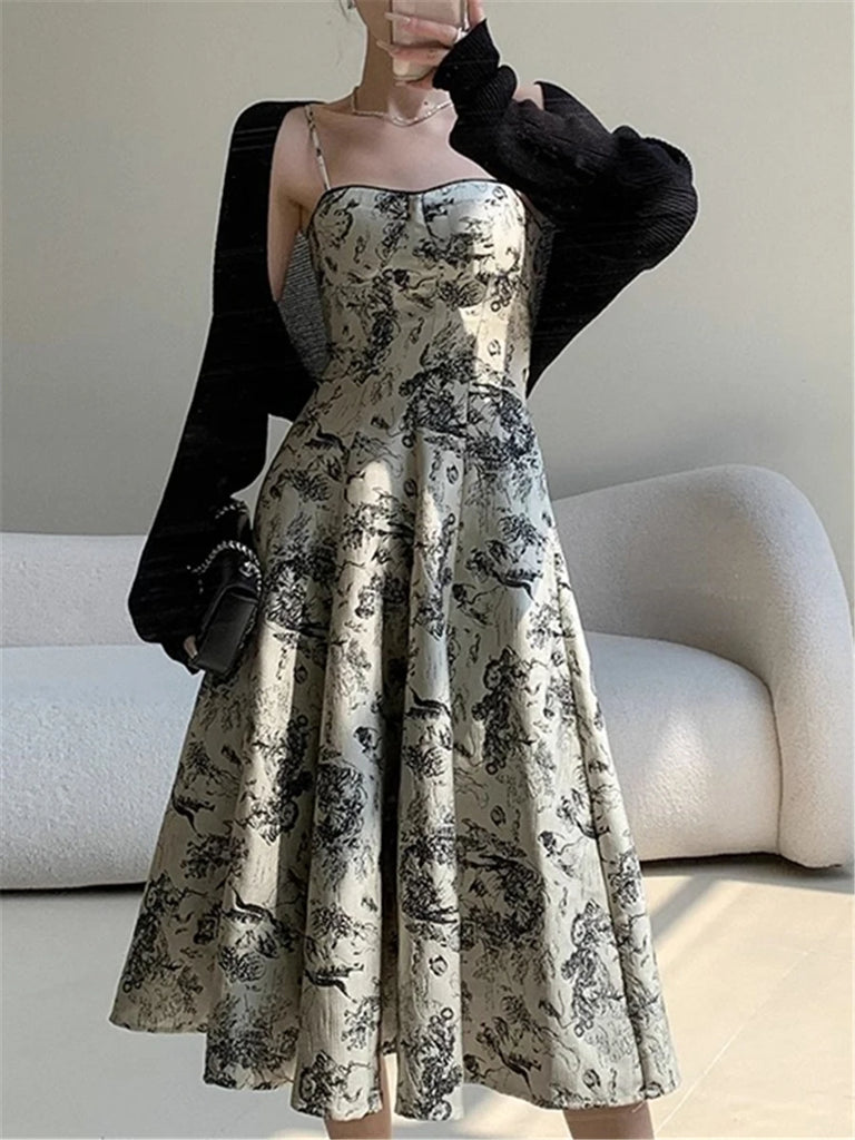 Floral Print Spaghetti Straps Dress Vintage Evening Party Slim Dresses for Women Summer New Robe Fashion Korean Clothes