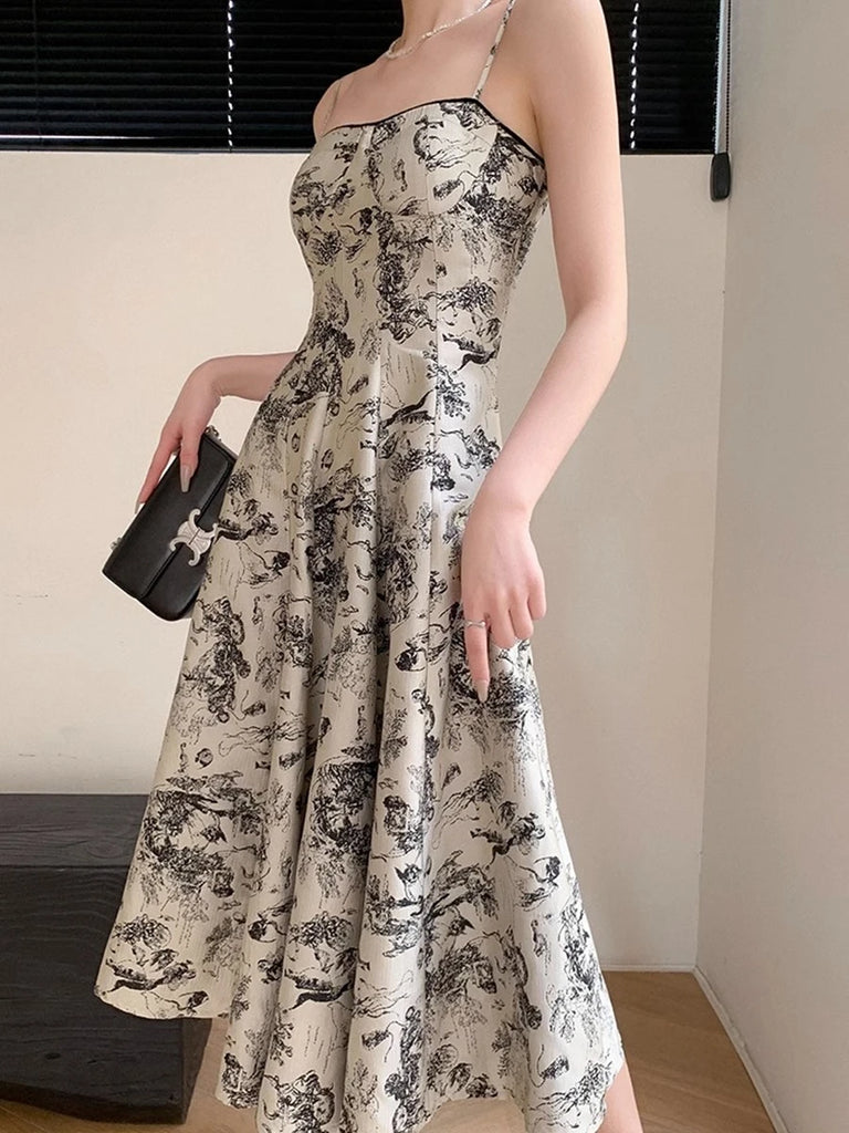 Floral Print Spaghetti Straps Dress Vintage Evening Party Slim Dresses for Women Summer New Robe Fashion Korean Clothes