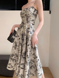 Floral Print Spaghetti Straps Dress Vintage Evening Party Slim Dresses for Women Summer New Robe Fashion Korean Clothes