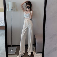 New Womens Casual Pants Loose Style Stright Suit Pants High Waist Chic Office Ladies Pants Trousers Streetwear Female Pants