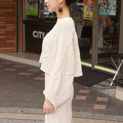 Korean New Fashion Knitted 2 Piece Set Twist Crochet Batwing Sleeve Loose Sweater Crop Top And Split Bodycon Skirt Women's Suits