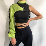 Streetwear Neon Halter Sweatshirt Hoodie Buckle Reflective Smock One Shoulder Women's Sweatshirts Holographic Outwear