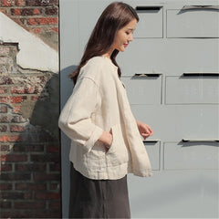 New Summer Fall Women's Jacket Fashionable Casual Loose Pockets Outerwear Short Cotton and Linen Tops JK8109