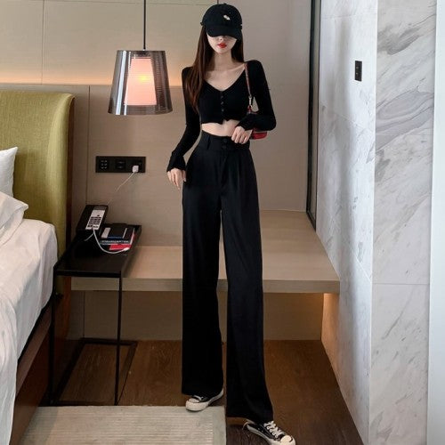 New Womens Casual Pants Loose Style Stright Suit Pants High Waist Chic Office Ladies Pants Trousers Streetwear Female Pants
