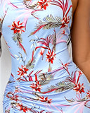 Summer Halter New Tropical Print Ruched Drawstring Slit Midi Dress Sleeveless Backless Sexy Vacation Beachwear Leaf Lady