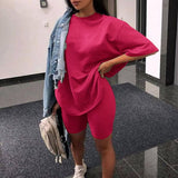 New Casual Solid Women's Two Piece Suit with Belt Solid Color Home Loose Sports Fashion Leisure Suit Summer Clothing
