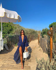 Jacquard Navy Beach Dress Long Beach Cover up Woman Swimwear Bikini Tunic Long Pareos Robe Plage Beachwear Outfit