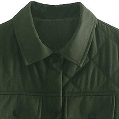 Women Green Pocekts Quilting Cropped Vests  Fashion Side Buttons Tie Turn-down Collar Waistcoat Streetwear
