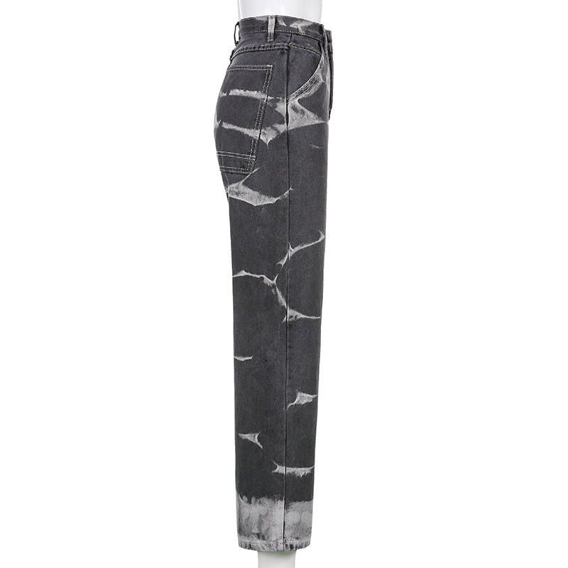 pbong Brown Tie Dye Print Y2k Baggy Mom Jeans Women Vintage Aesthetic Straight Denim Pants High Waist Gray Trousers Streetwear