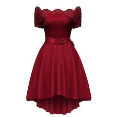 Elegant Red Lace Dress Women Patchwork Slash Neck Short Sleeve Sashes Tunic Dress  Summer Ladies Sexy Evening Party Dresses