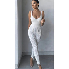 High Quality Black White sleeveless Weaving Rayon Bandage Jumpsuit Cocktail Party Bodycon Jumpsuit Vestidos