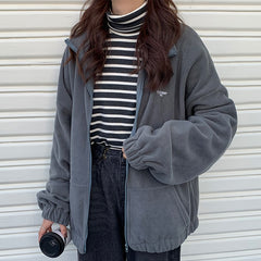 Harajuku Women Zip-up Hoodies Plus Velvet Fleece Warm Winter Sweatshirts Jacket Casual Loose Stand Collar Oversized Hoodie