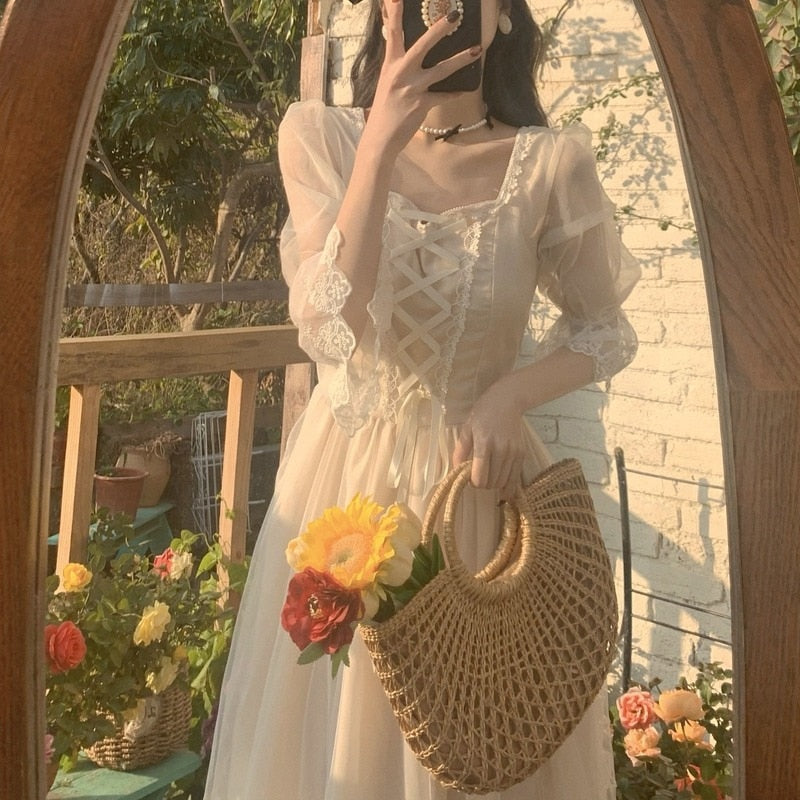 French Vintage Midi Dress Women Lace Elegant Princess Party Fairy Dress Female Spring Casual Korean Wedding Victorian Dress
