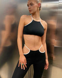 Solid Sports Two Piece Set Women Summer Casual Short Camisole+High Waist Hollow Wide Leg Pants Matching Lady Streetwear