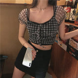 Summer New Plaid Tshirts Women Retro Square Collar Shirt Casual Lace Tees Puff Sleeve Y2k Crop Tops Female Korean Fashion