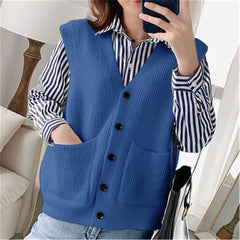 Knitted Sweater Vest Women Soft Stretchy Simple Basic Daily V-neck Solid Open-stitch Female Street-wear Vintage Korean All-match