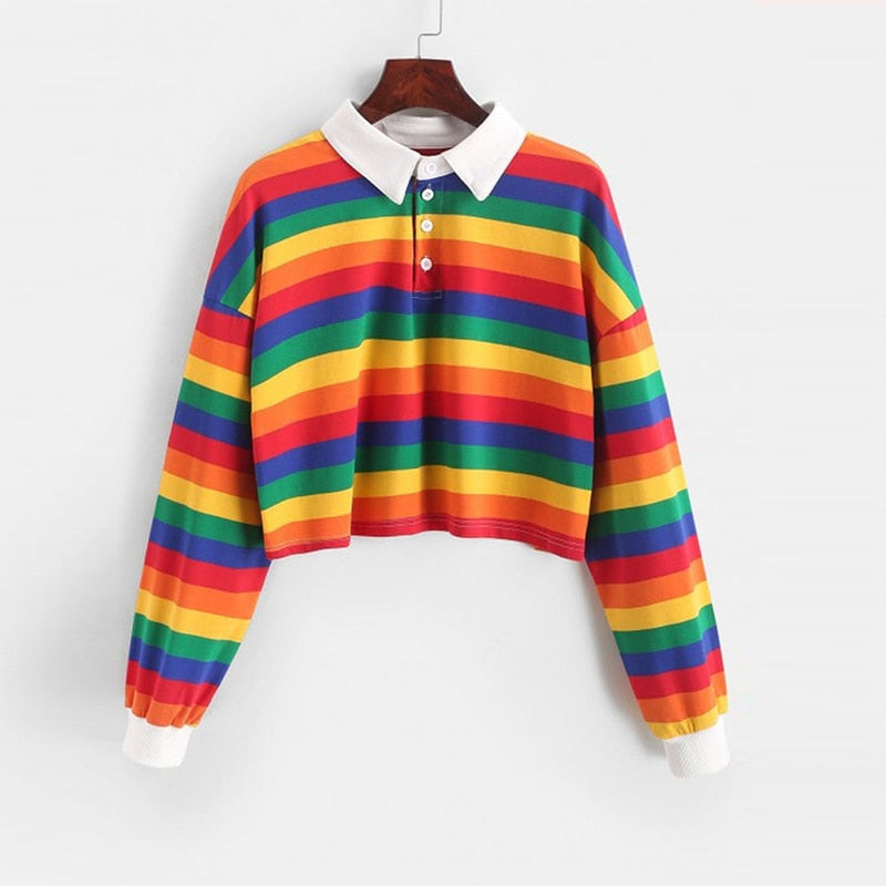 Polo Shirt Women Sweatshirt Long Sleeve Rainbow Color Ladies Hoodies With Button Striped Korean Style Sweatshirt Women