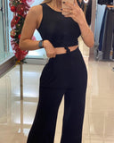 Summer Spring Solid 2PCS Women Plain Sleeveless Crop Top & High Waist Wide Leg Pants Set Female Clothing