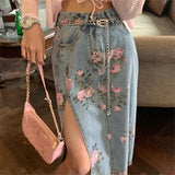 Streetwear Vintage Flowers Print Long Denim Skirts Summer High Waist Slim Sexy Open Split Straight Skirt Jeans Saias Female