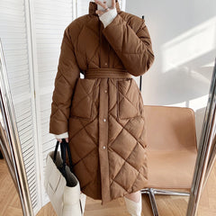 Winter New Korean Style Long Cotton-padded Coat Women's Casual Stand-up Collar Argyle Pattern Oversized Parka Chic Jacket