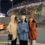 Plus Velvet Hooded Womens Korean Style Pullover Hoodies Women Solid Loose 2XL Casual Chic Daily Big Pocket Students sweatshirt