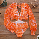 V- Neck Bandage Print Long Sleeve Swimwear Women Monokini Sexy Bathing Suit String Backless Beachwear Pus Size L47