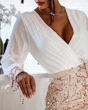 Elegant Party Wear Ball Gown Women V Neck Lantern Sleeve Sheer Mesh Tassel Sequin Dress Sexy Long Sleeve Mini Bodycon Dress