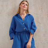 Casual Sleepwear Cotton Pajamas For Women Sets Suit Turn-Down Collar Nine Quarter Sleeve Sleep Tops Shorts Female Homewear