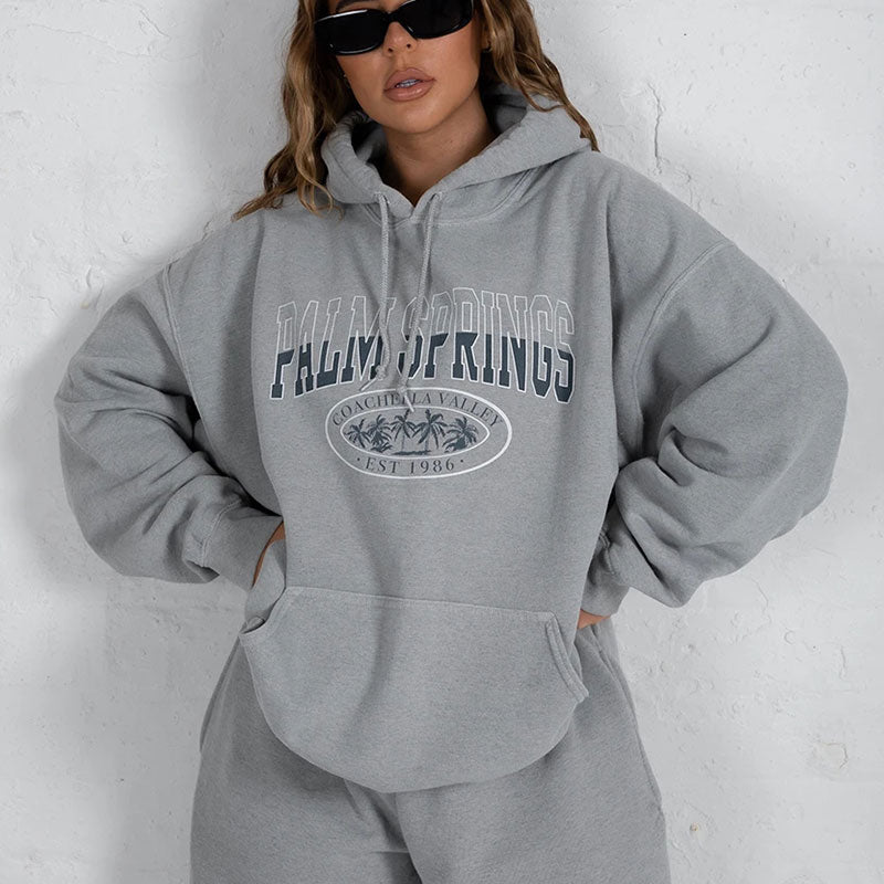 Letter Print Sweatshirt Vintage Women Hoodies Gray Cotton Warm Fleece Winter Pullovers  Autumn New Casual Streetwear Girls