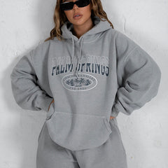 Letter Print Sweatshirt Vintage Women Hoodies Gray Cotton Warm Fleece Winter Pullovers  Autumn New Casual Streetwear Girls