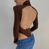 Sexy Backless Bodysuits Cotton Women Turtleneck Long Sleeve Rompers Female Black Casual Body Tops Streetwear