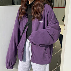 Harajuku Women Zip-up Hoodies Plus Velvet Fleece Warm Winter Sweatshirts Jacket Casual Loose Stand Collar Oversized Hoodie