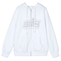Oversized Butterfly Graphic Rhinestone Zip Up Hoodies Y2K Fashion E-girl 90s Streetwear Diamond Grey Long Jacket Autumn