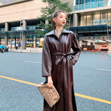 Fitaylor PU Leather Long Jacket New Spring Women Loose Belt Faux Leather Windbreaker Trench Coat Slim Spring Jacket