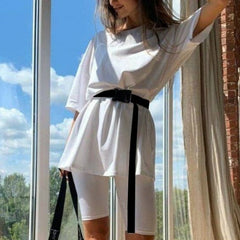 New Casual Solid Women's Two Piece Suit with Belt Solid Color Home Loose Sports Fashion Leisure Suit Summer Clothing