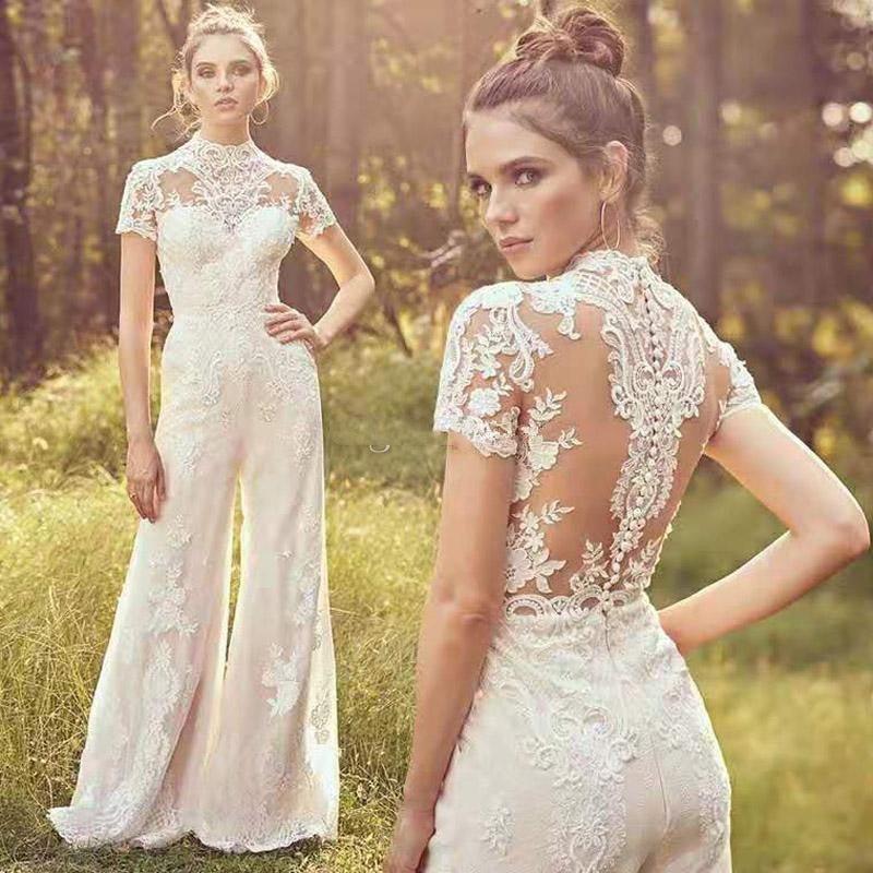 Pbong mid size graduation outfit romantic style teen swag clean girl ideas 90s latina aestheticNew Country Jumpsuits  Wedding Dresses Custom Made Elegnat  High Neck Short Sleeve Lace Appliqued Beach Boho Bridal Gowns