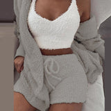 Three Piece Sexy Fluffy Outfits Plush Velvet Hooded Cardigan Coat+Shorts+Crop Top Women Tracksuit Sets Casual Sports Sweatshirt