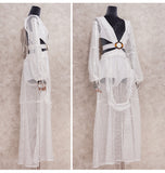 Pbong mid size graduation outfit romantic style teen swag clean girl ideas 90s latina aestheticSexy Deep V-neck Cut Out Long Sleeve Maxi Dress Long White Lace Tunic Women Clothes Summer Beach Wear Swim Suit Cover Up A1049