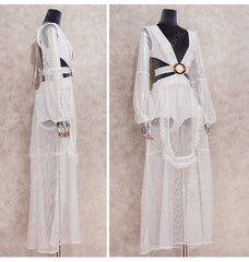 Pbong mid size graduation outfit romantic style teen swag clean girl ideas 90s latina aestheticSexy Deep V-neck Cut Out Long Sleeve Maxi Dress Long White Lace Tunic Women Clothes Summer Beach Wear Swim Suit Cover Up A1049
