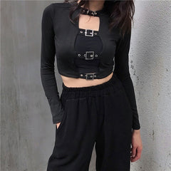 Sexy Women Crop Tops Hollow Out Buckle Long Sleeve Female Bodycon Tops Gothic Punk Black Tops Streetwear Party Lady Tee