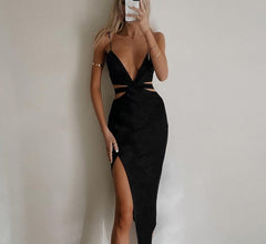 Fashion Sexy Hollow Out Sleeveless V-Neck Maxi Dress Women Autumn Solid Black Backless Split Lady Midnight Party Outfits