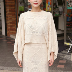 Korean New Fashion Knitted 2 Piece Set Twist Crochet Batwing Sleeve Loose Sweater Crop Top And Split Bodycon Skirt Women's Suits