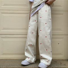 Women's Jeans Streetwear Casual Heart Shaped Embroidery Elastic Waist Vintage Baggy Straight Denim Trouser Mom Wide Leg Pants