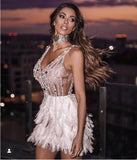 High Quality Pink White Feathers Rayon Bandage Dress Elegant Night Club Party Dress Vestidos