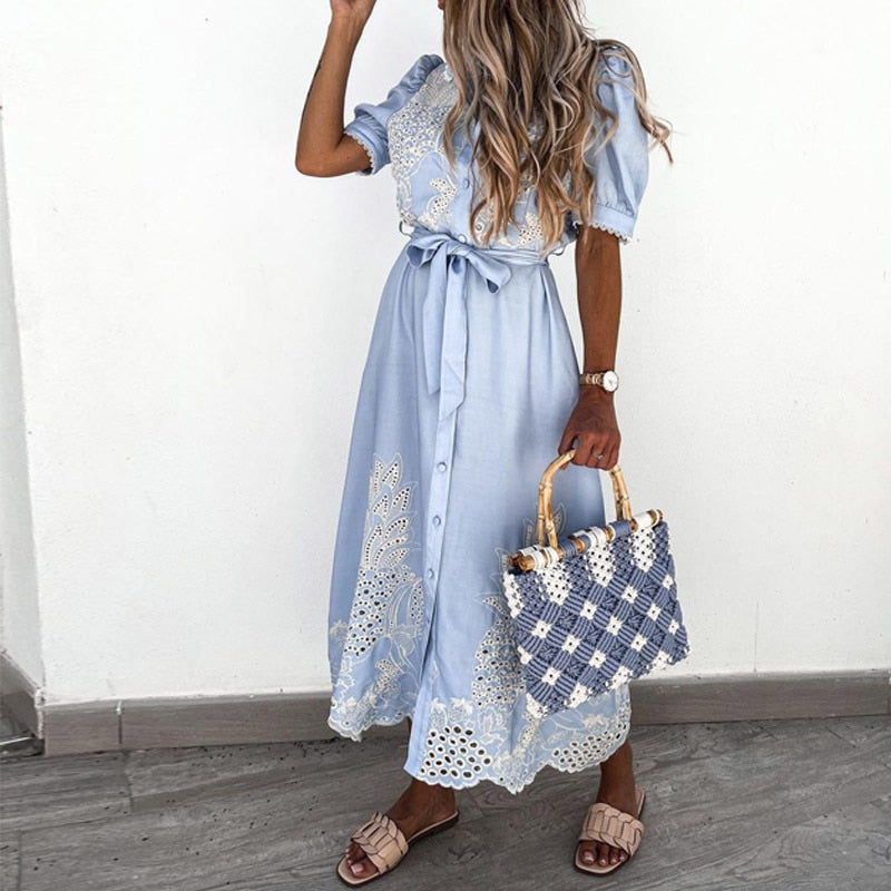 Spring Embroidery Flower Lace Maxi Dress Women Stand Collar Button Long Shirt Dress Summer Puff Sleeve Spliced Party Dress Belt