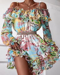 Fashion Cold Shoulder Ruffles Frill Hem Graphic Print Long Sleeve Fairy Flower Sundress Summer Women's Dress Femme Robe Longue