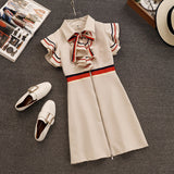 New  Summer Runway Designer Women Retro Butterfly Sleeveless Bow Tie Collar Ruffles Weave Striped Zipper Up Mini Dress