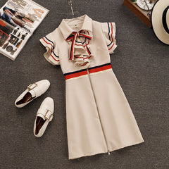 New  Summer Runway Designer Women Retro Butterfly Sleeveless Bow Tie Collar Ruffles Weave Striped Zipper Up Mini Dress