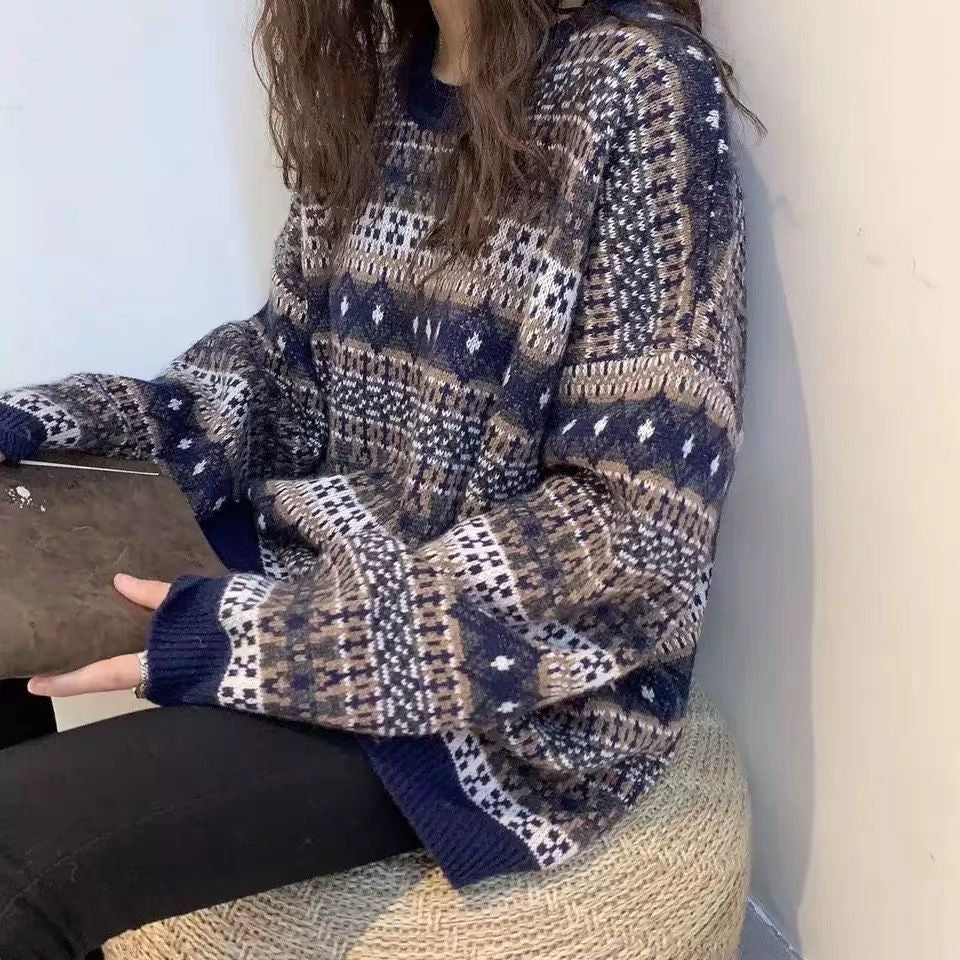 New Hong Kong Style Retro Sweater Schoolgirl Korean Loose Winter Lazy Wind Plus Size Sweater Tide