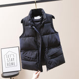 Solid Short Style Vest for Women Cotton Padded  Women's Winter Sleeveless Jacket with Zipper Stand Collar Casual Coats